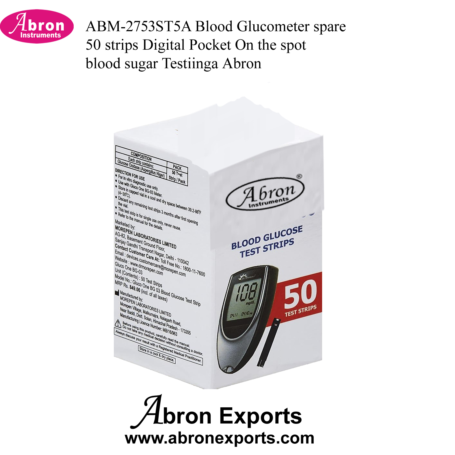 Blood Glucometer Spare 50 Strips Digital Pocket On the Spot Blood Sugar Testing Abron ABM-2753ST5A 